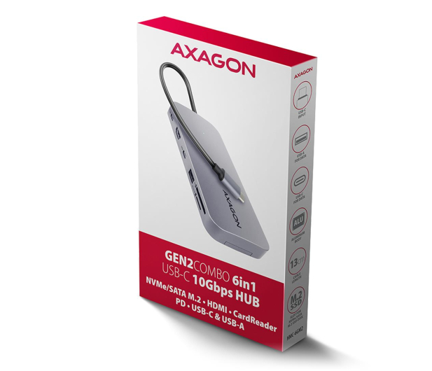 AXAGON HMC-6GM2 Wieloportovy hub USB 6in1, 10Gbps, USB-A, USB-C, HDMI 4K/60Hz, M.2 NVMe/SATA, SD/microSD, PD 100W, 20cm USB-C kabel - 1185574 - zdjęcie 3